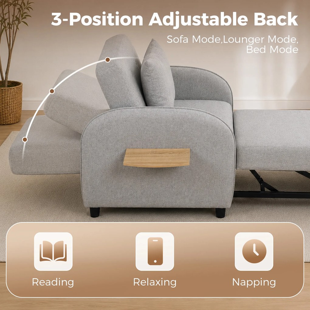 Poltrona-cama de 1 lugar, Poltrona-cama 3 em 1, Encosto ajustável, Apoio lateral rebatível, Cinzento