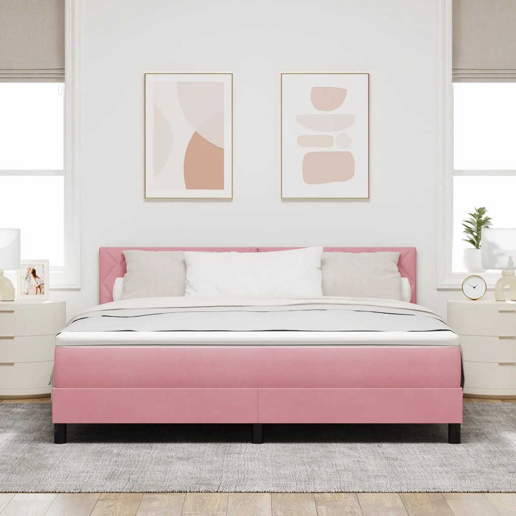 Cama Box Spring com Colchão Rosa Super King Veludo