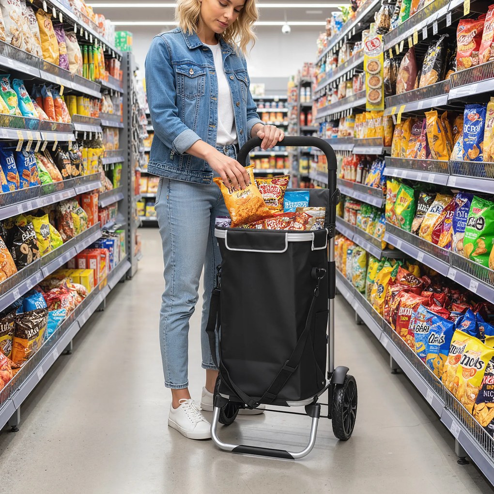 Carrinho de compras dobrável de 40 L, carrinho de compras portátil com Rodas e pega telescópica, 45,5 x 35,5 x 97 cm, preto