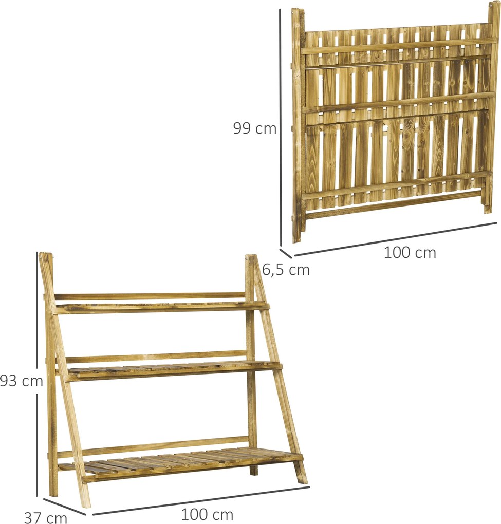Suporte para Plantas de Madeira de 3 Níveis para Interior e Exterior Terraço e Jardim 100x37x93 cm Carbonizado