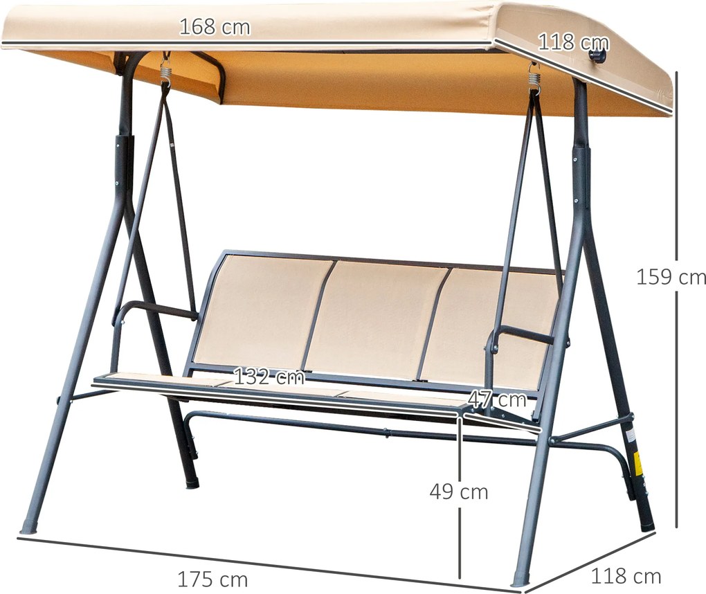 Baloiço de Jardim Exterior de 3 Lugares com Toldo Reclinável Assento Respirável e Estrutura de Aço 175x118x159 cm Bege