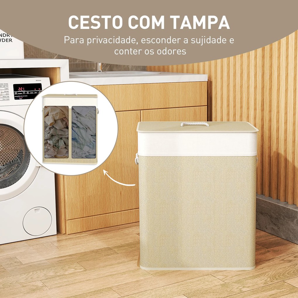 Cesto de Roupa com Tampa 100L de Bambu com 2 Compartimentos Bolsa Interior Amóvivel 52x32x63 cm Bege e Creme