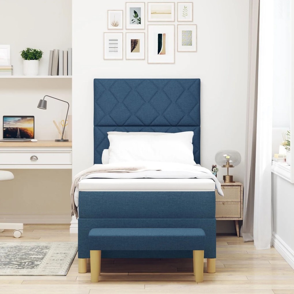 Cama Box com Colchão & Banco Azul 90x200 cm Tecido