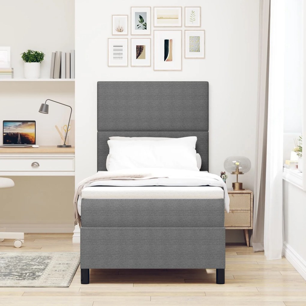 Cama Box Spring com Colchão Cinza Claro em Tecido de Corduroy para Sol