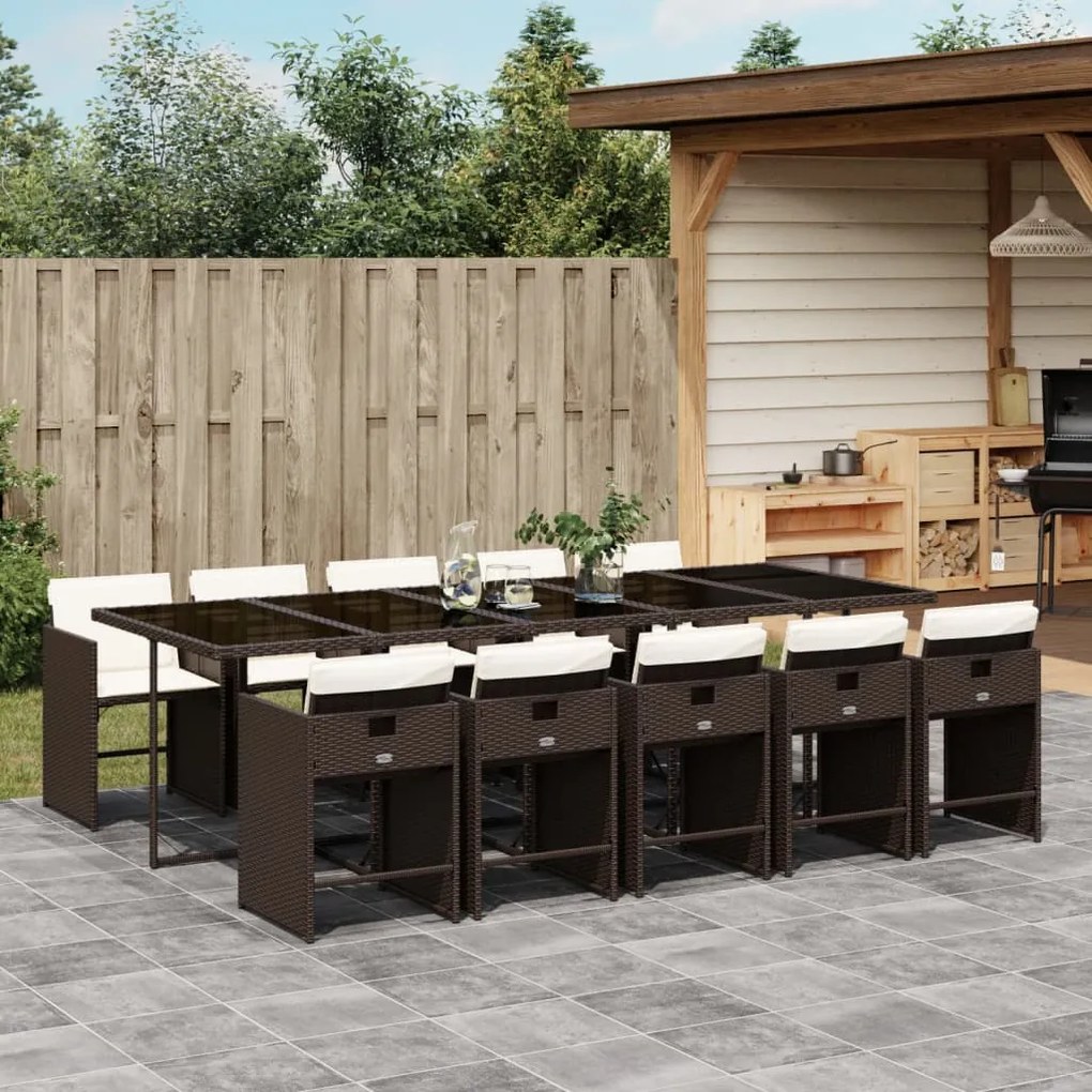 11 pcs conjunto jantar p/ jardim c/ almofadões vime PE castanho