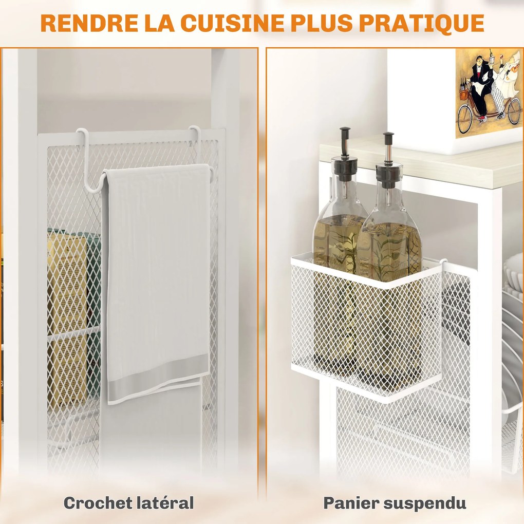 Carro de cozinha com rodas, carrinho de arrumação com 3 cestos, 1 cesto suspenso e ganchos, 58 x 18,5 x 87 cm, branco