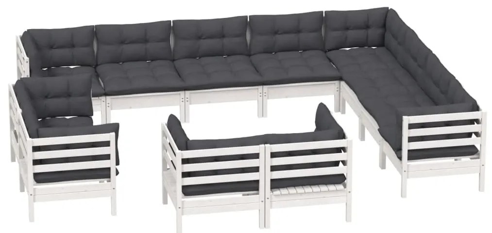 12 pcs conj. lounge de jardim c/ almofadões pinho maciço branco