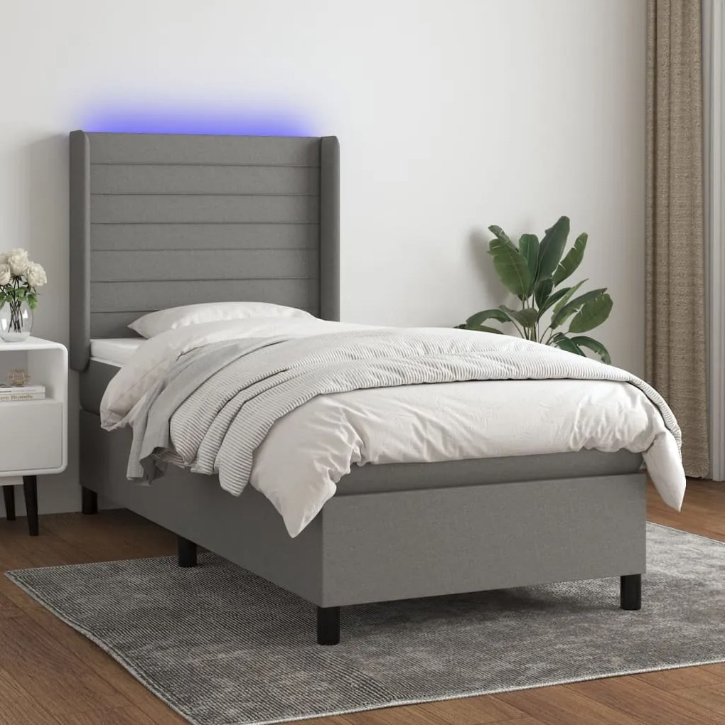 Cama box spring c/ colchão e LED 80x200 cm tecido cinza-escuro