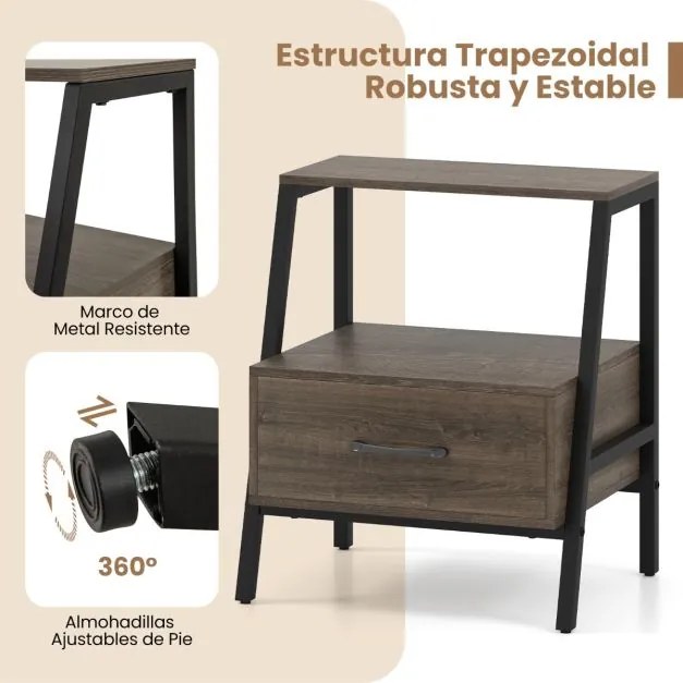 Mesa de cabeceira 45 x 35 x 52,5 cm com 3 níveis, prateleira aberta, gaveta e estrutura metálica para sala, cinzenta acastanhado
