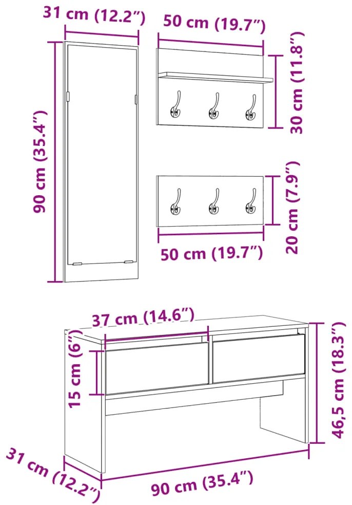 4 pcs conj. móveis corredor derivados de madeira cinza cimento