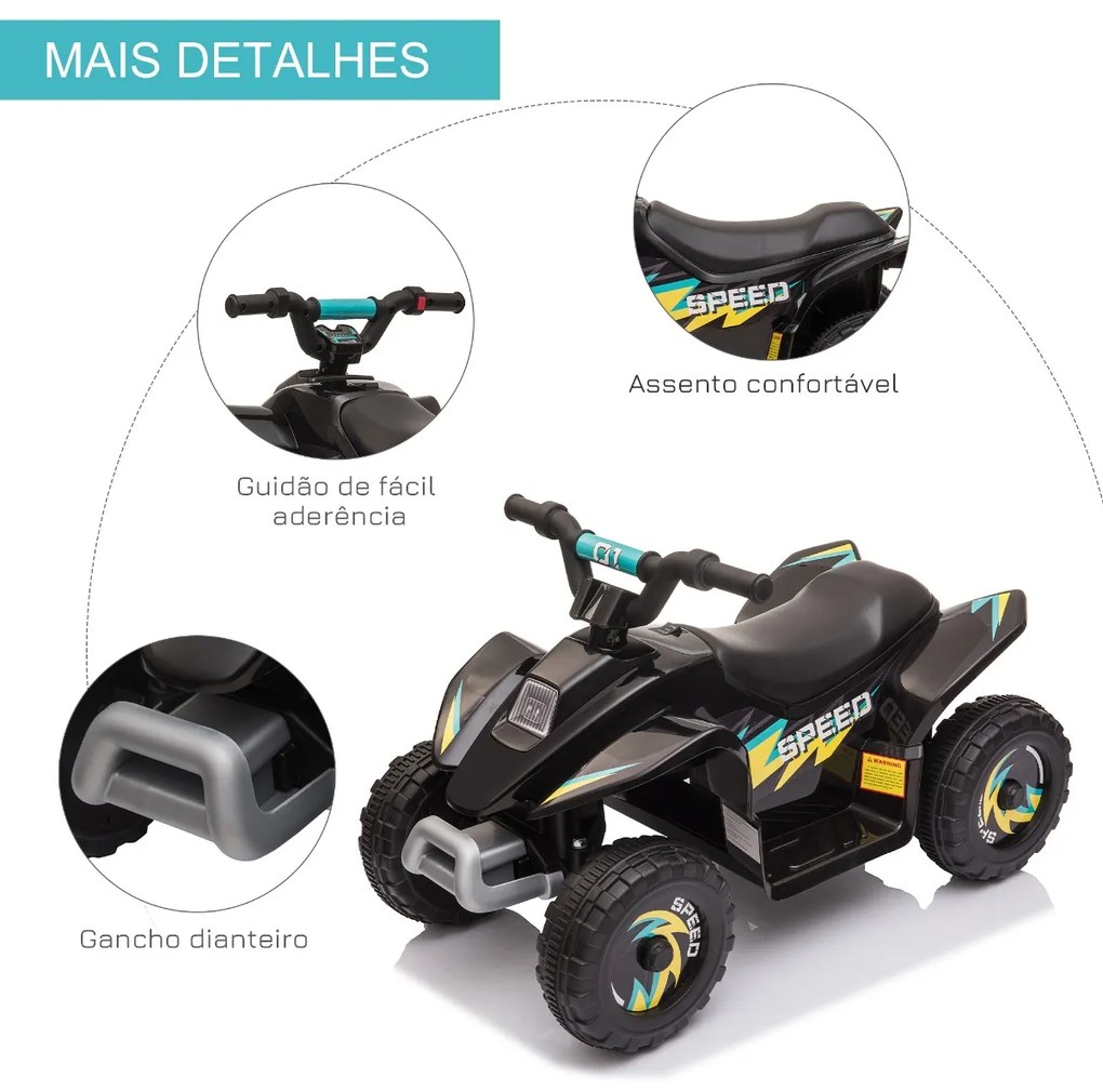 Moto 4 Elétrica para Crianças de 18-36 Meses a Bateria 6V com Avance e Retrocesso 72x40x45,5cm Preto