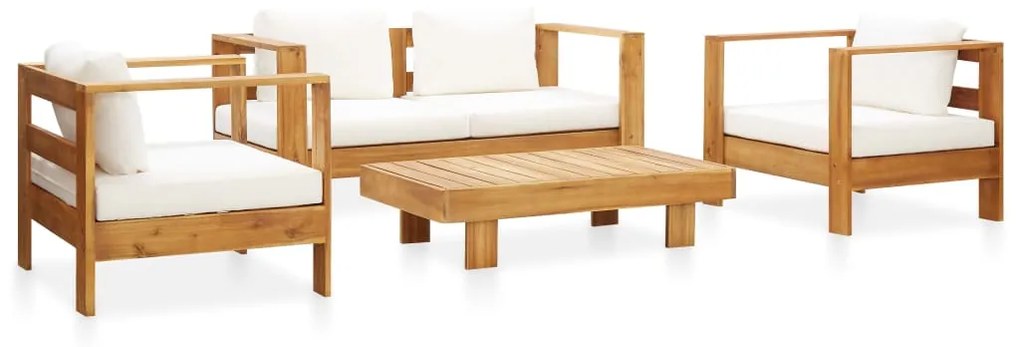 vidaXL 4 pcs conjunto lounge jardim c/ almofadões creme acácia maciça