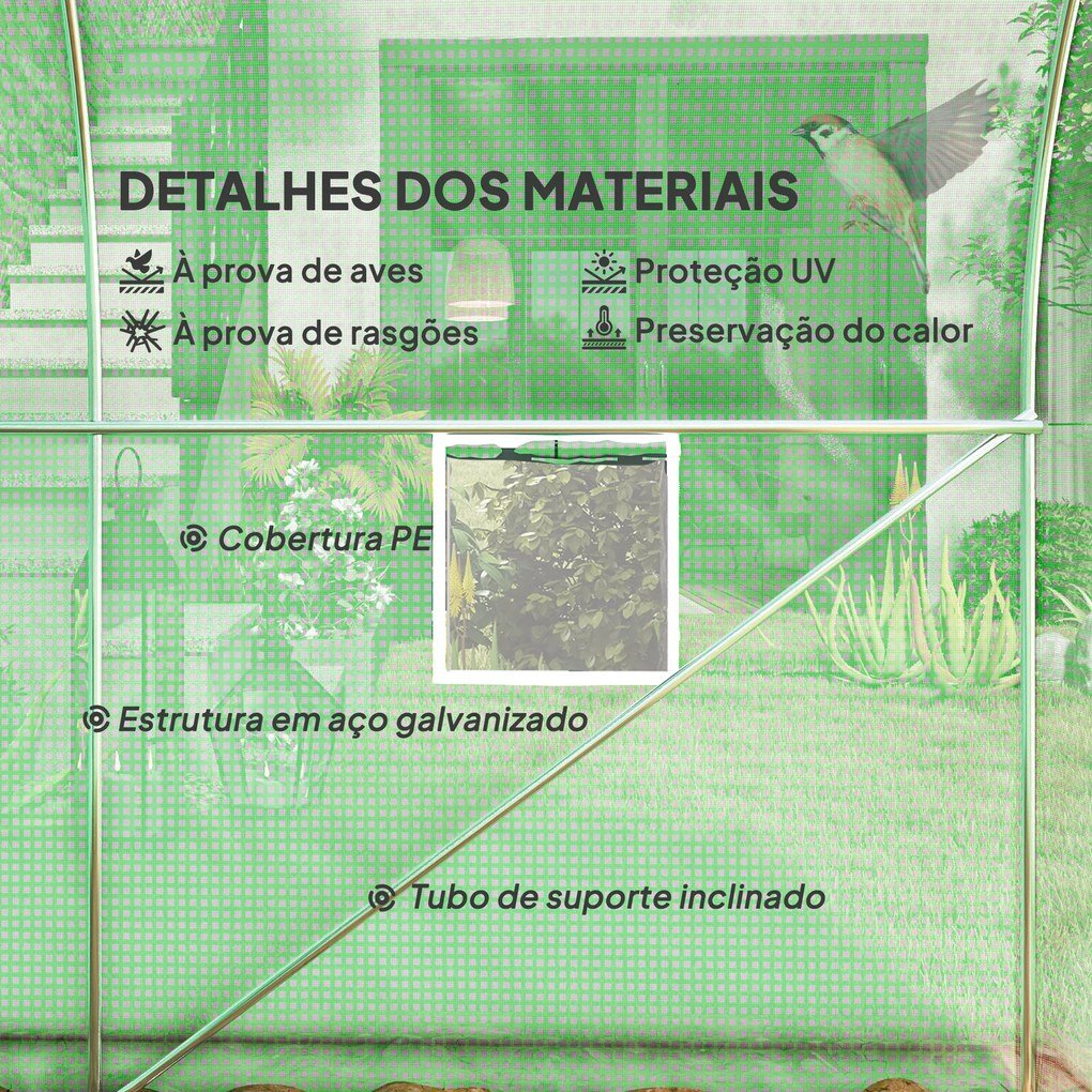 Estufa Tipo Túnel 298x197x189 cm com Porta e 4 Janelas para Cultivo de Plantas e Verduras com Cobertura PE 140g/㎡ Verde