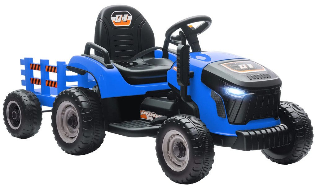 AIYAPLAY Trator Elétrico para Crianças com Reboque Desmontável Bateria 12V Velocidade 3-5 km/h Controle Remoto 2,4G Música Buzina para Crianças de 3-8 Anos 139x58x55 cm Azul