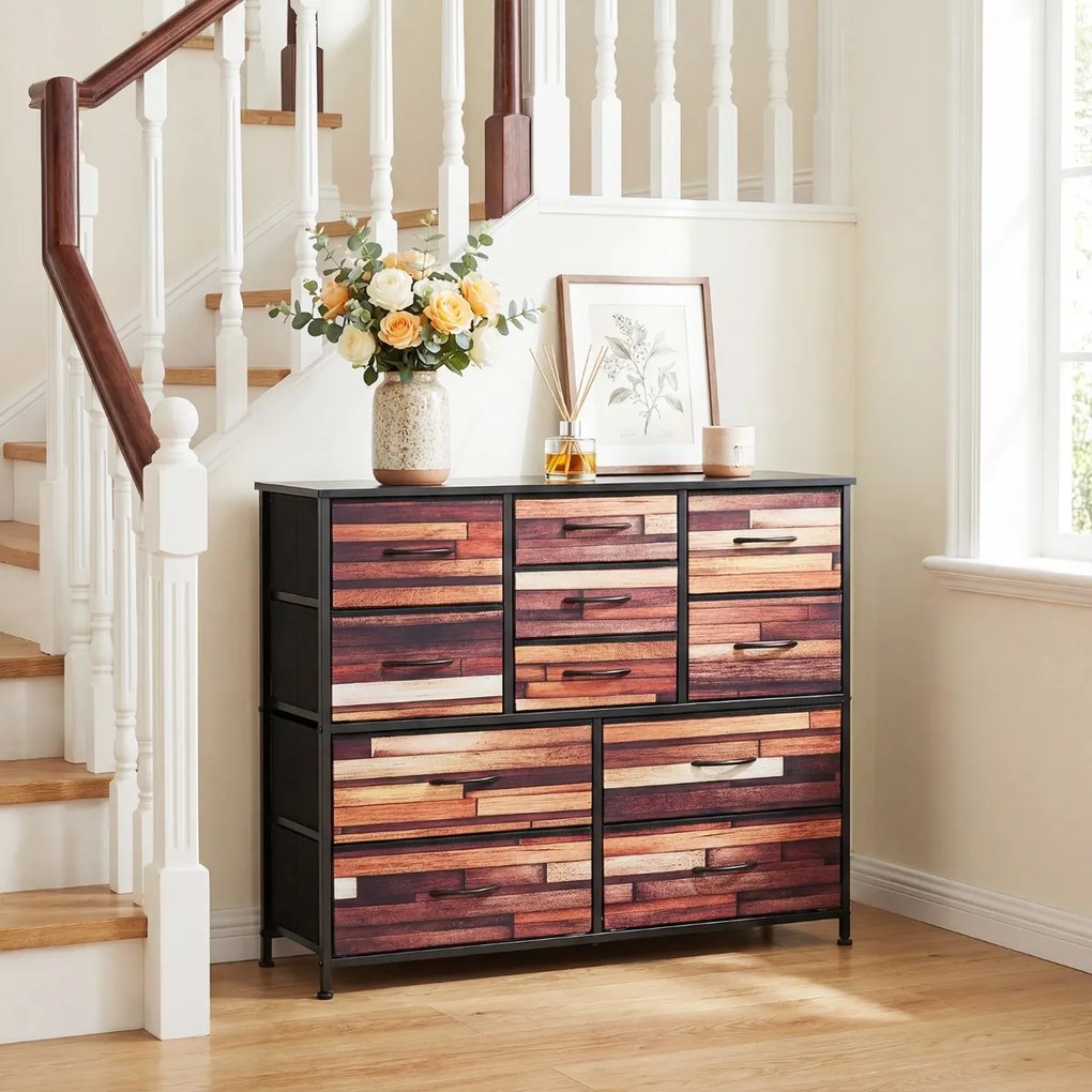 Cómoda de 11 gavetas com gavetas em tecido 100 x 30 x 82 cm, estrutura metálica, organizador para quarto Preto + Castanho