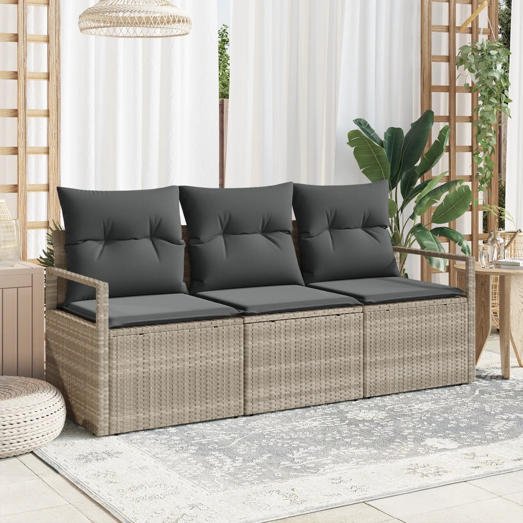 vidaXL Conjunto de Sofás de Jardim de 3 Peças com Almofadas Cinza Claro Vime de Polietileno