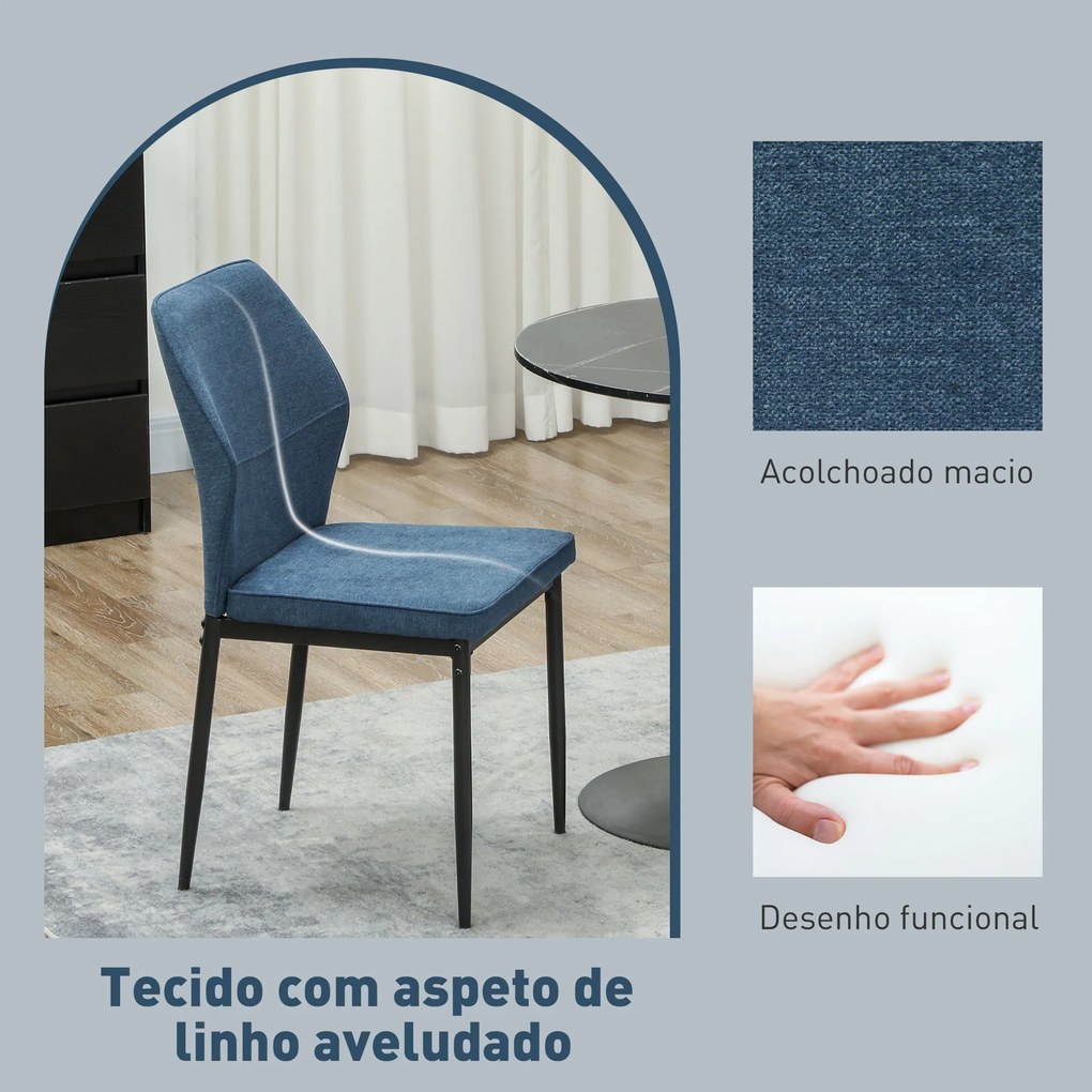 Conjunto de 2 Cadeiras de Jantar Modernas Cadeiras de Cozinha com Assento Acolchoado e Estofado Encosto Curvo 45x57x86 cm Azul Escuro