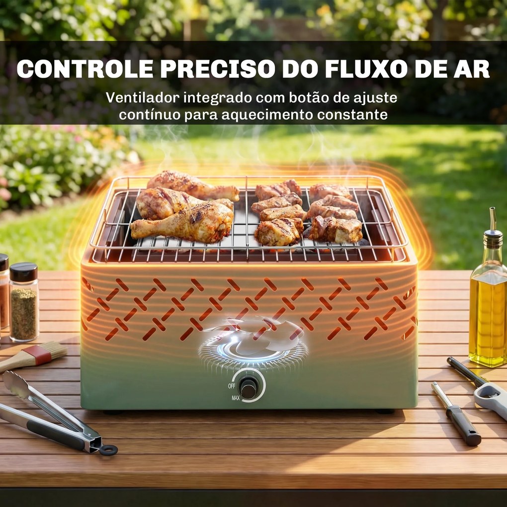 Grelhador a Carvão 45,5x29x21 cm com Ventilador Integrado, Temperatura Ajustável e Bandeja de Carvão, Verde-Claro