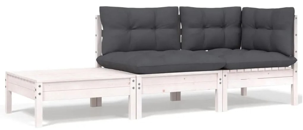 vidaXL 3 pcs conjunto lounge jardim c/ almofadões pinho maciço branco