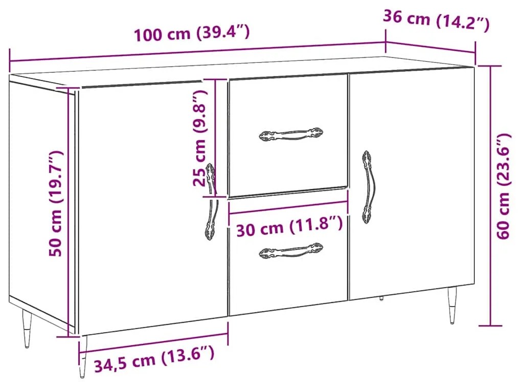 Aparador Preto Carvalho 100x36x60 cm Madeira Sintética