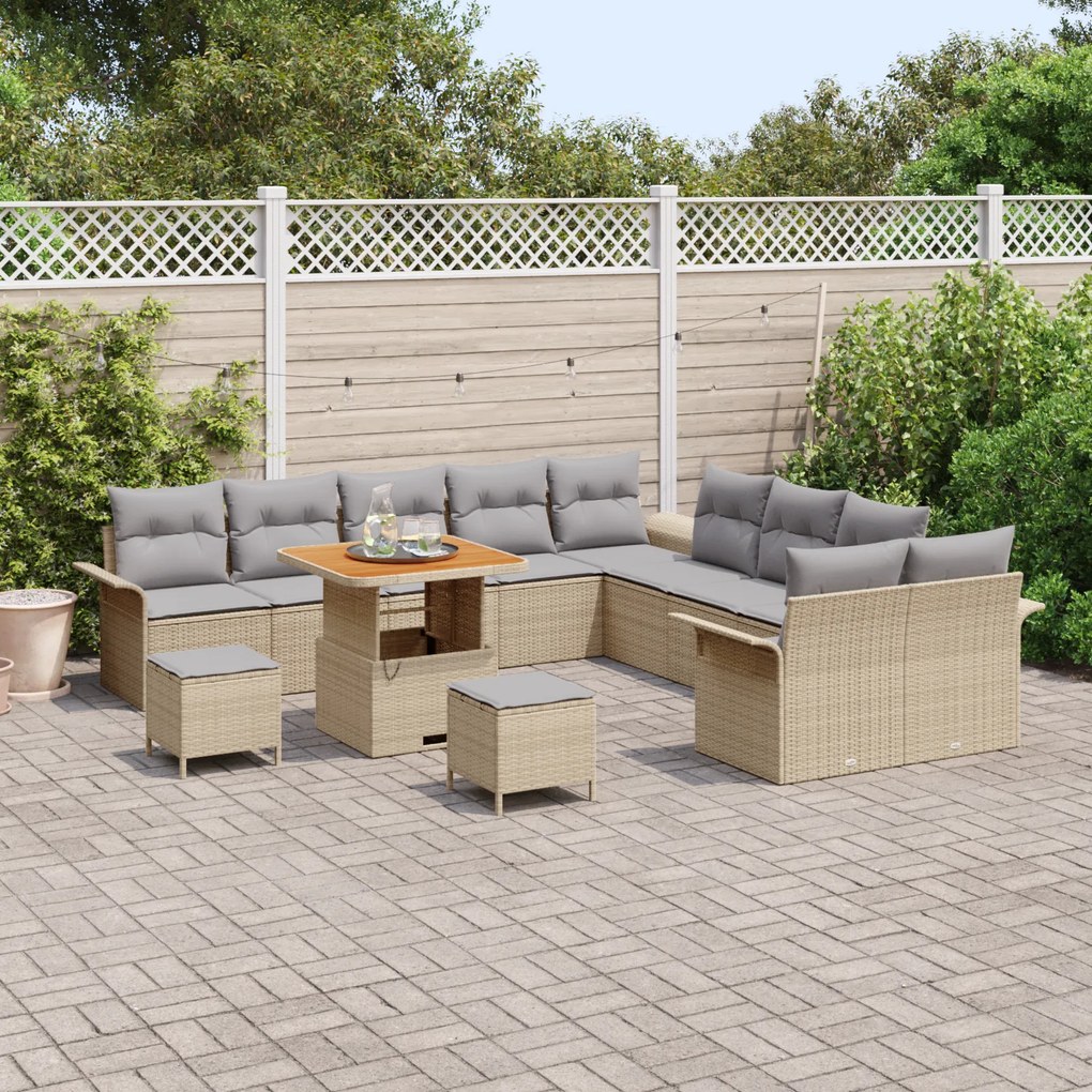 Conjunto de Sofás de Jardim de 13 Peças com Almofadas Bege Vime Acácia