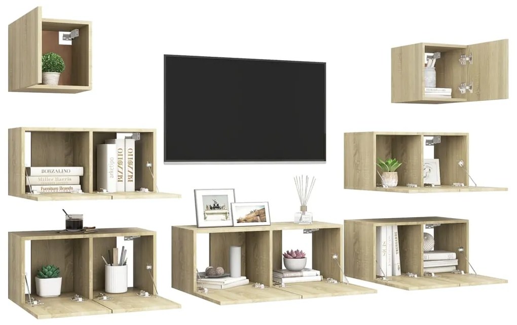 7 pcs conjunto móveis de TV derivados madeira carvalho sonoma