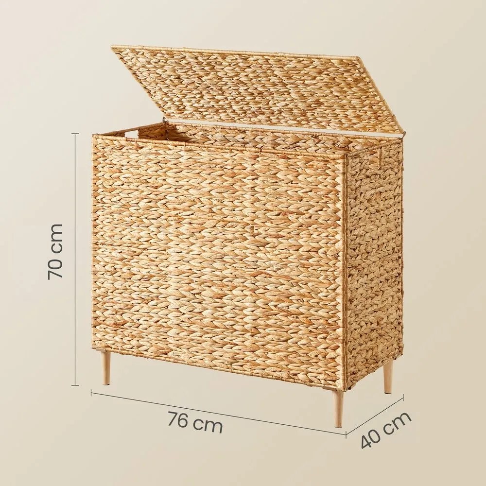 Cesto da roupa suja com 3 compartimentos 76 x 40 x 70 cm, saco interior removível, tampa e pegas, em tons natural