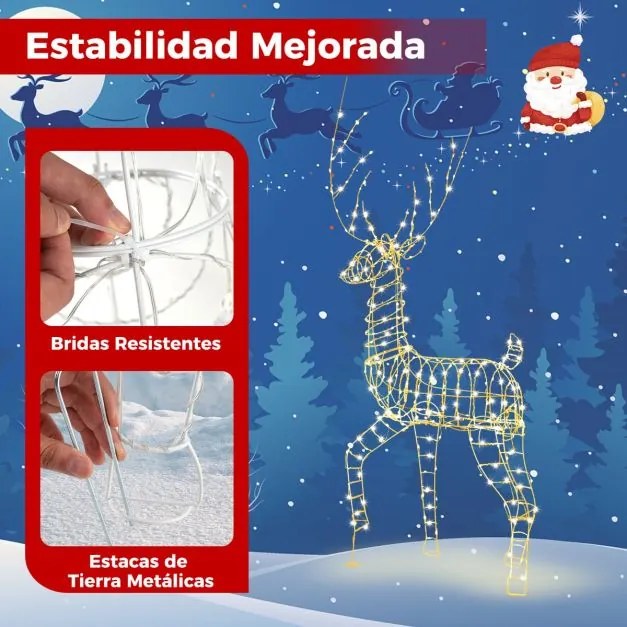 Rena de Natal pré-iluminada de 186 cm com estrutura metálica Decoração de Natal 3D com 300 luzes LED em branco quente Cervos iluminados