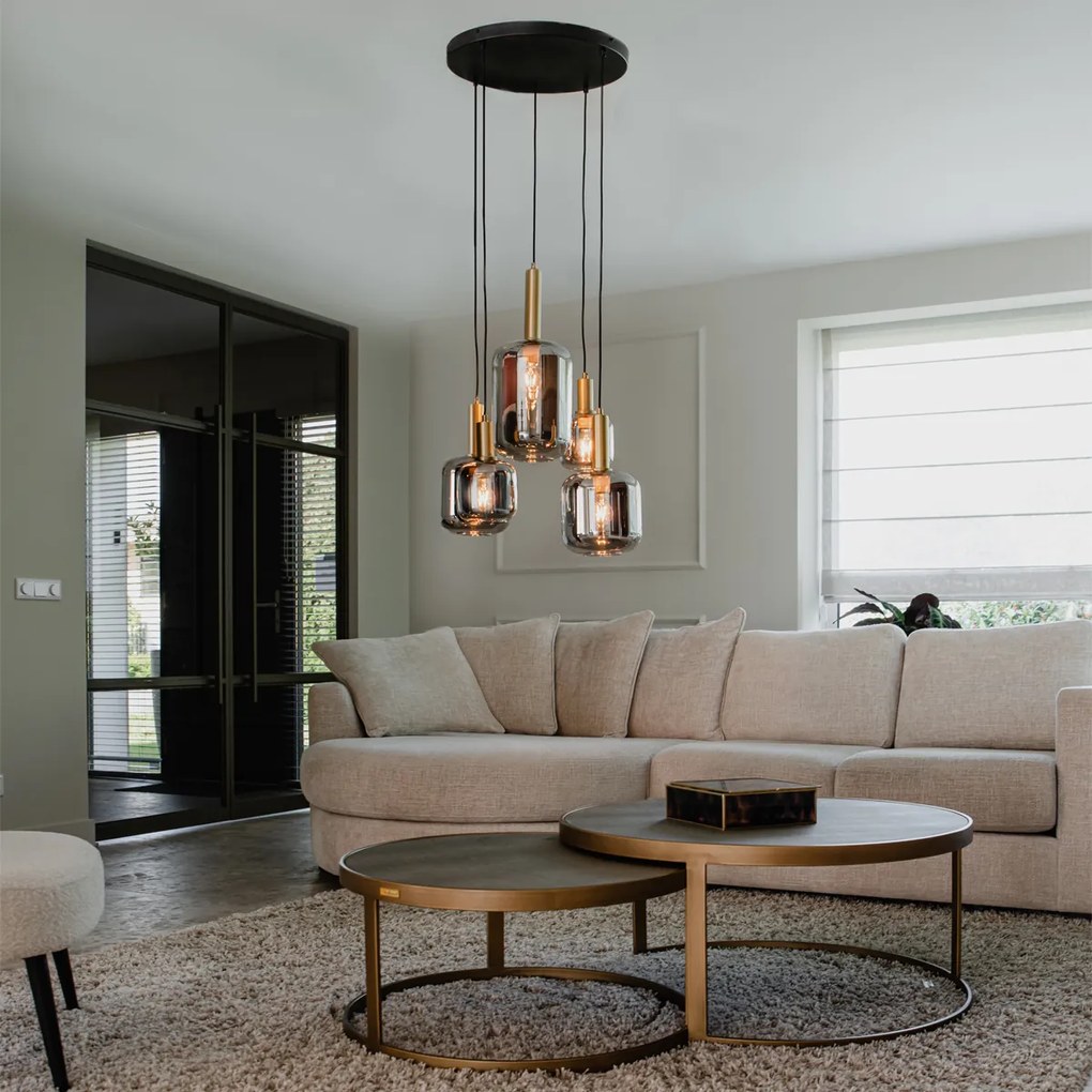 Candeeiro de suspensão preto com dourado e vidro fumê 5 luzes - Zuzanna