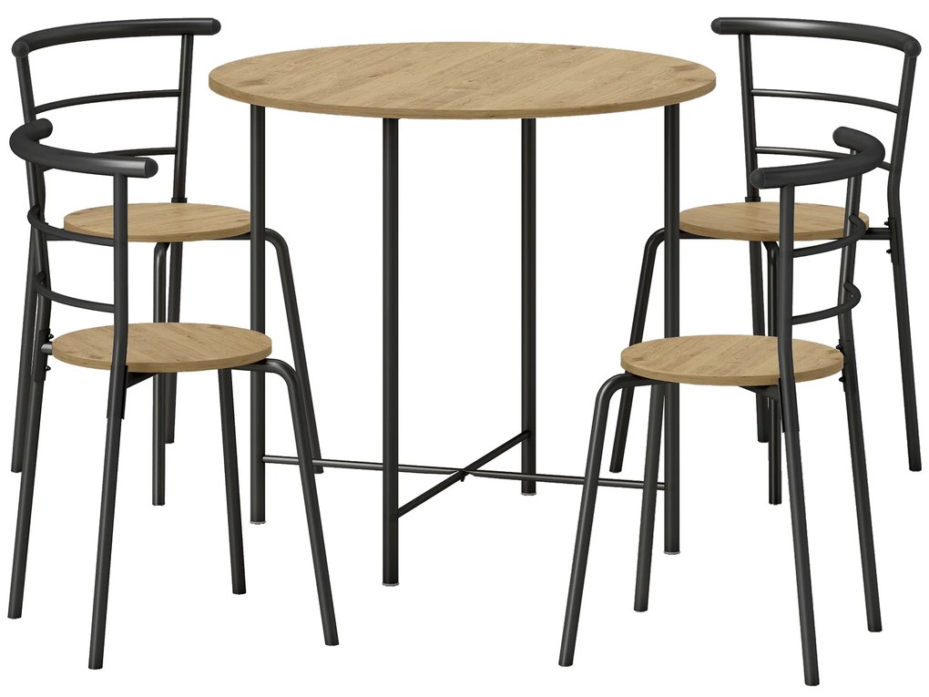 Conjunto de Mesa e Cadeiras de Refeição Mesa de Cozinha Redonda com 4 Cadeiras Estilo Industrial Madeira e Preto
