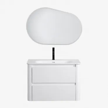 Conjunto De Móvel De Casa De Banho Em Madeira Com Lavatório Integrado Egerton Branco & Oval Led E Anti-embaciamento 100x65 Cm Meunier - Sklum
