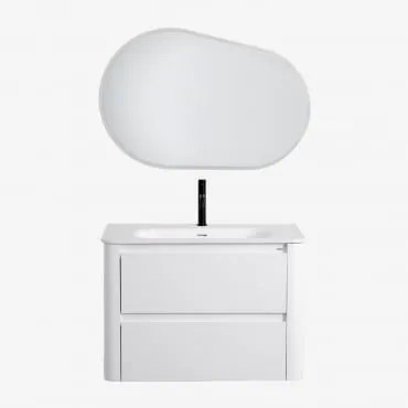 Conjunto De Móvel De Casa De Banho Suspenso 80x50 Cm Em Madeira Com Lavatório Integrado Egerton Branco & Oval Led E Anti-embaciamento 100x80 - Sklum