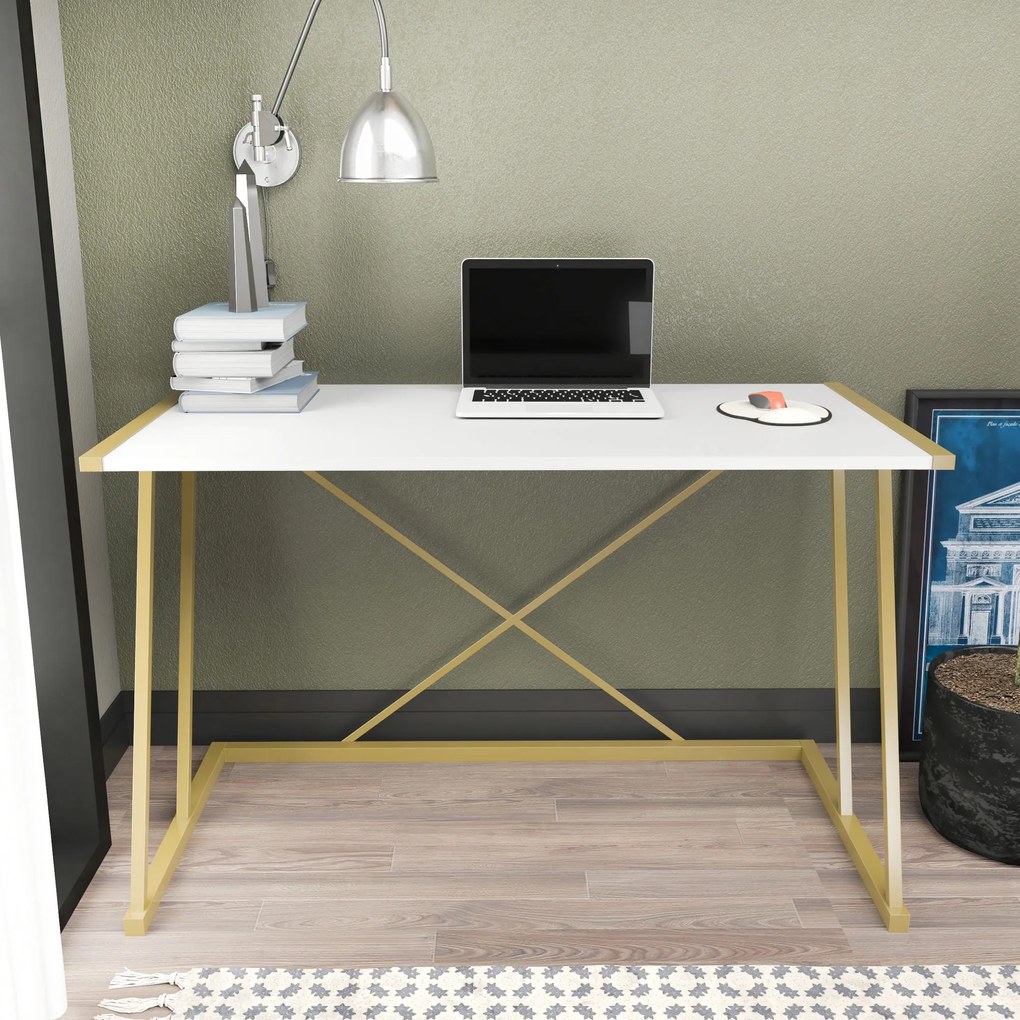 Secretária de Estudo Adelaide - Dourado e Branco - 114x60x75 cm