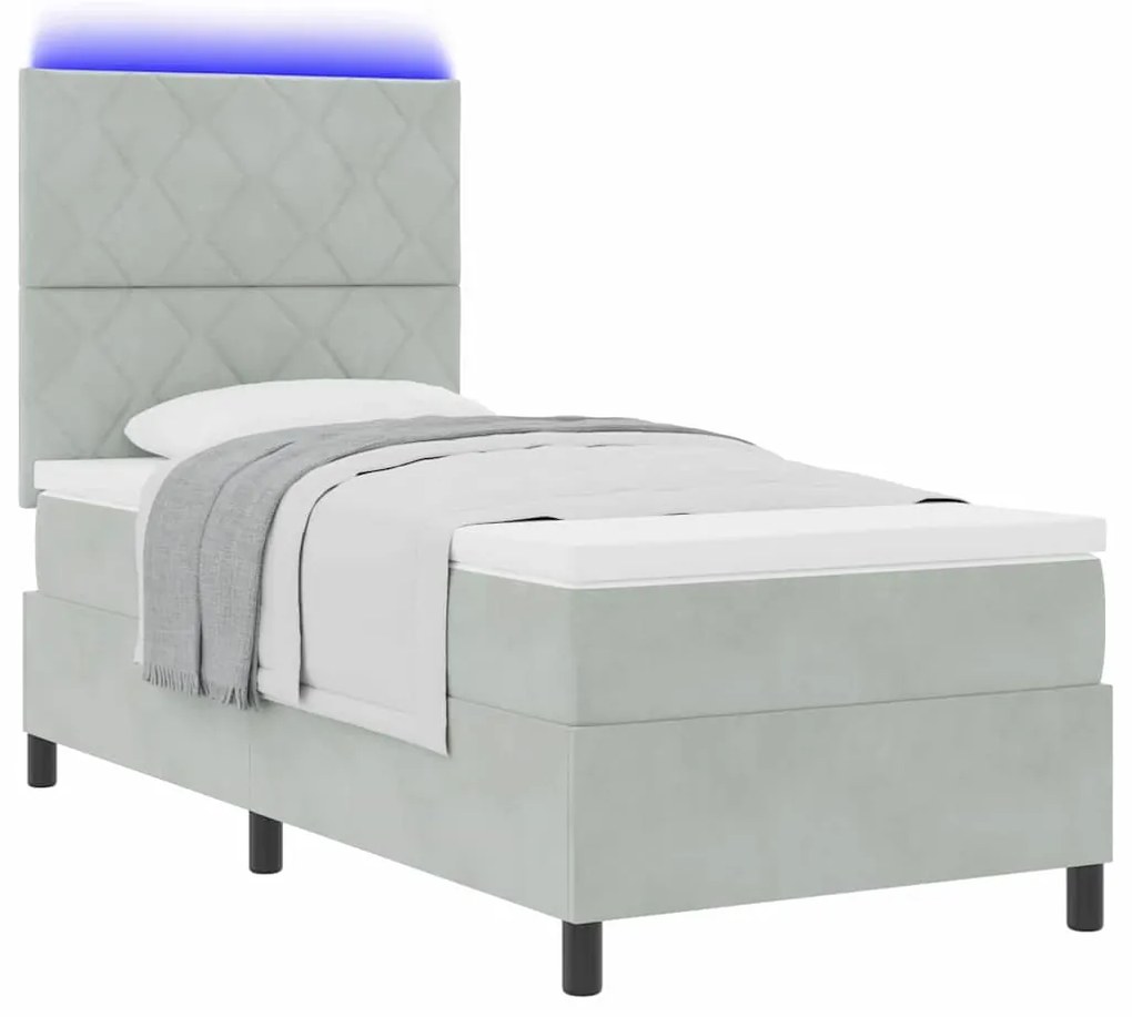 Cama Box com Colchão e Luz LED Cinza Claro 90x200 cm Veludo