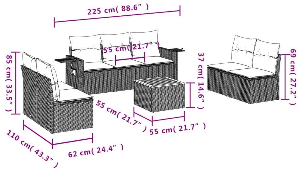 8 pcs conjunto sofás de jardim c/ almofadões vime PE cinzento