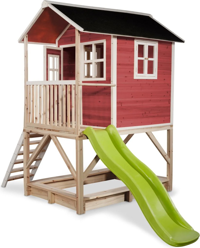 Casa de brincar infantil exterior para crianças Loft 500 em madeira com escorrega e caixa areia - Vermelha