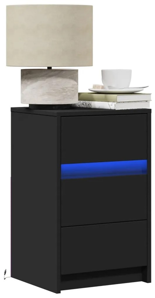 vidaXL Mesa de cabeceira com luzes LED derivados de madeira preto