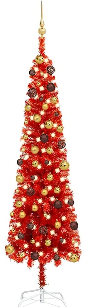 vidaXL Árvore de Natal pré-iluminada fina com bolas 210 cm vermelho
