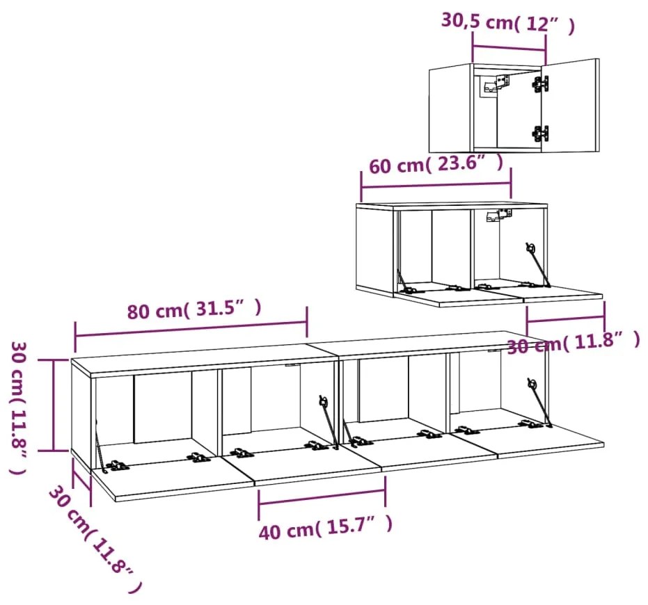 4 pcs conjunto móveis de TV madeira processada branco brilhante