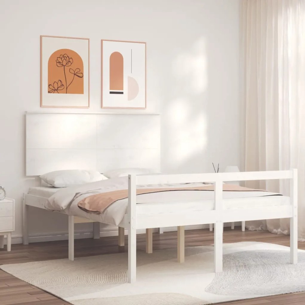 vidaXL Cama de casal para idosos c/ cabeceira madeira maciça branco