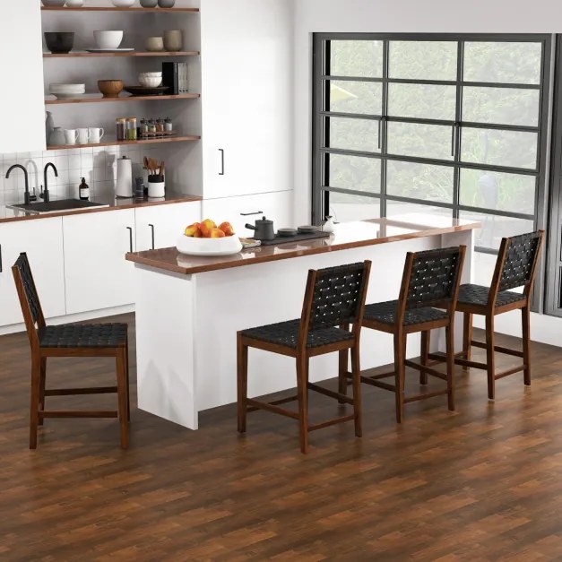 Conjunto de 2 bancos de bar de madeira com alças de couro PU e encosto confortável para cozinha, bar e restaurante 52 x 58,5 x 101 cm Castanho