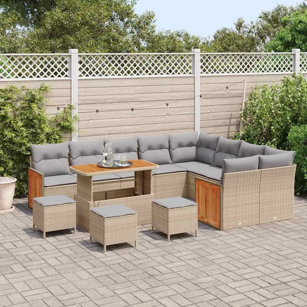 Conjunto de Sofá de Jardim com 13 Peças Bege Rattan PE Acácia