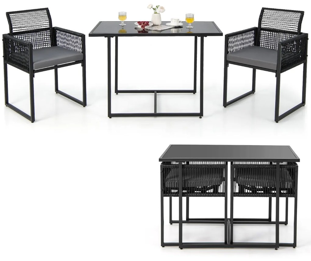 Conjunto de mobiliário de jardim em rattan PE com encosto rebatível e almofadas confortáveis Preto