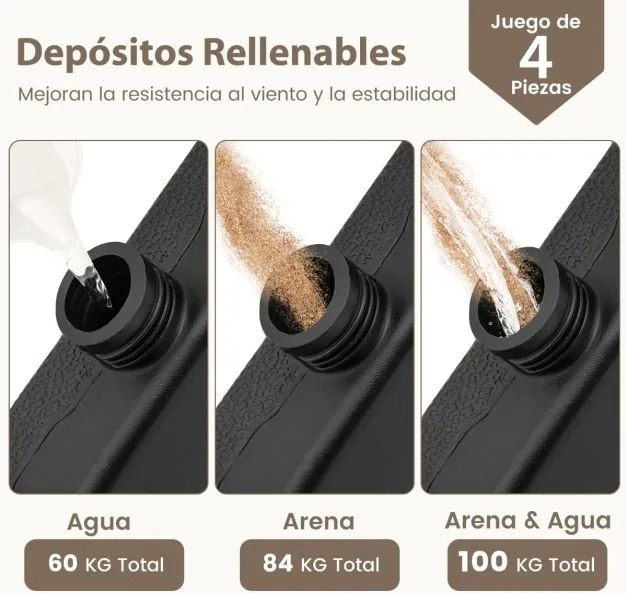 Base para guarda-sol 4 peças de 60 litros / 84 kg, recarregável, para guarda-sol com base quadrada preta