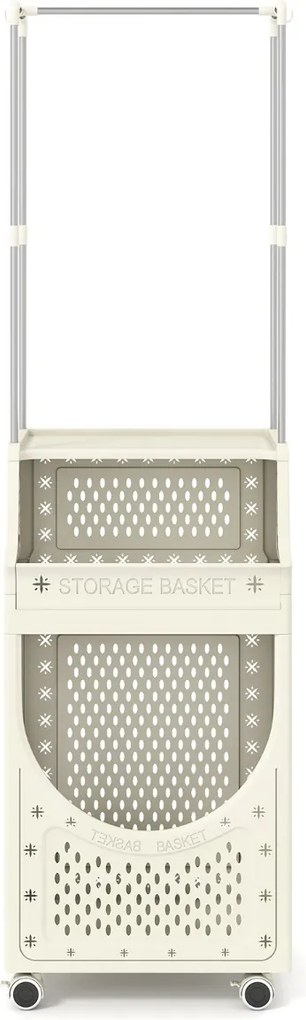 Carro para roupa suja 40 x 30 x 136 cm de 3 níveis com barra para pendurar dobrável com rodas bloqueáveis 8 ganchos para pendurar Bege