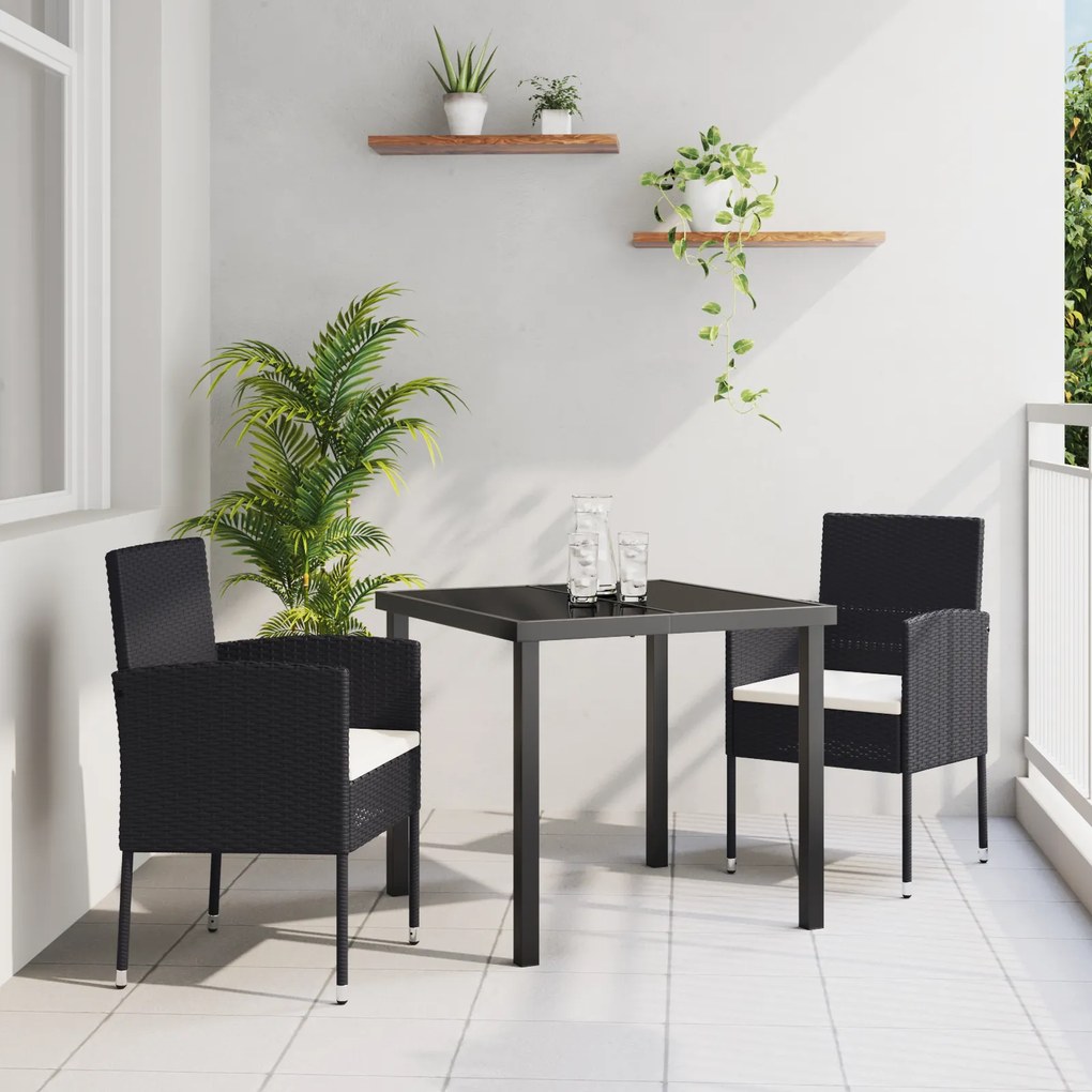 vidaXL Conjunto de Jantar de Jardim 3 Peças com Almofadas - Rattan Poliéster Preto