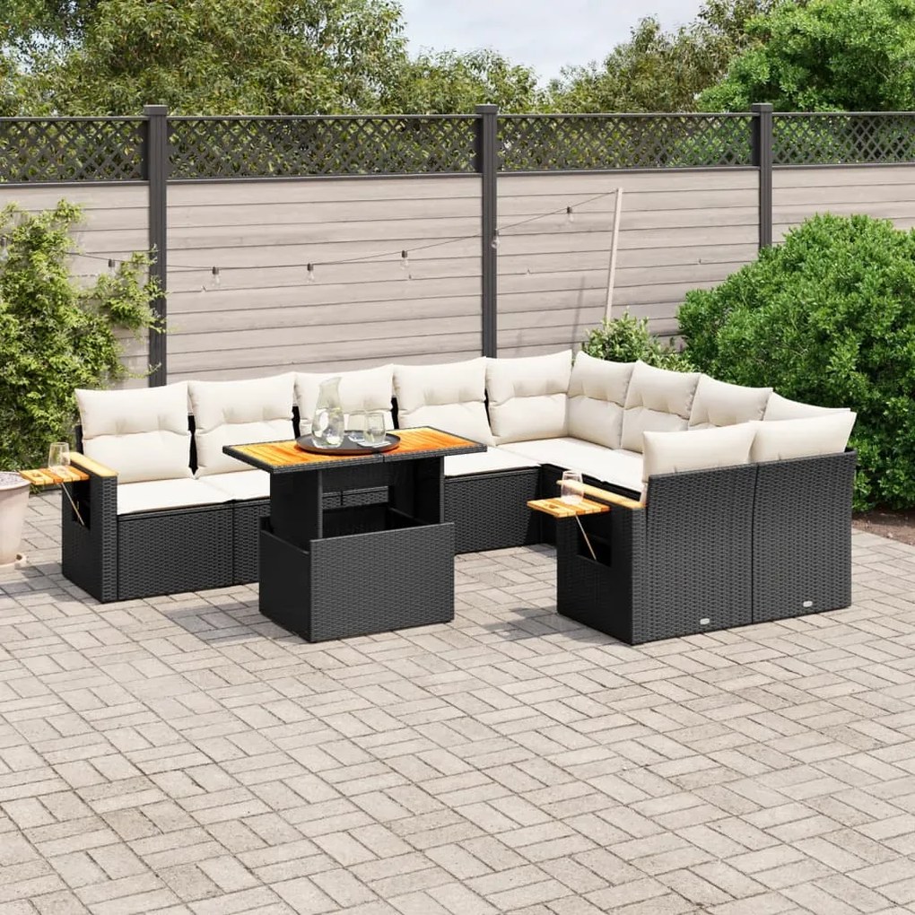 10 pcs conjunto sofás de jardim c/ almofadões vime PE preto