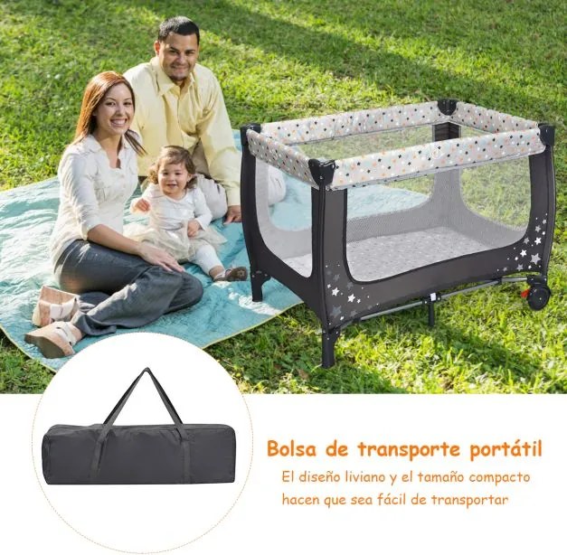 Berço dobrável e portátil para bebé com 2 rodas Centro de actividades 125 x 65 x 76 cm Cinzento