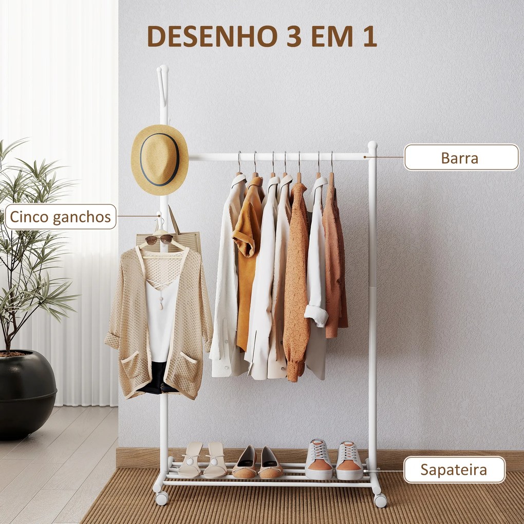 Guarda Roupa com Rodas 5 Ganchos Barra para Pendurar e Prateleira Inferior 86x43x171 cm Branco