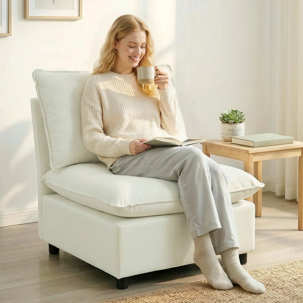 Poltrona de sala 146 x 85 x 78 cm moderno sem braços, com assento largo e almofadas grossas, creme